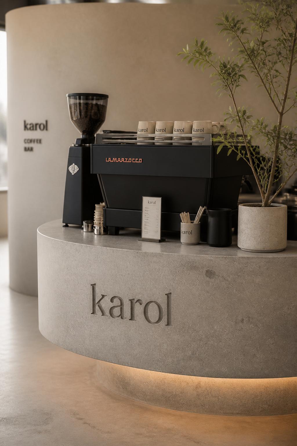Minimalist concrete coffee bar with warm under-glow lighting at karol café