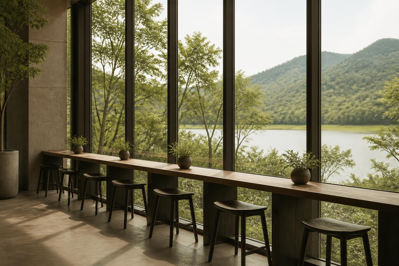 Long window-facing counter overlooking the Fuheis hills from karol café