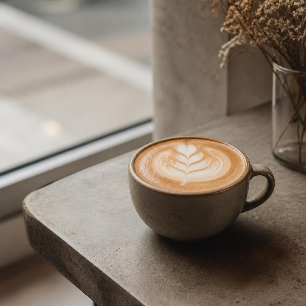 Close-up of latte art on a ceramic cup served at karol café