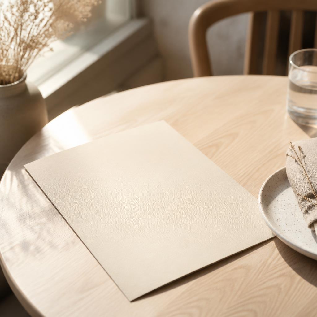 Minimal paper menu card on a light wood table at karol café