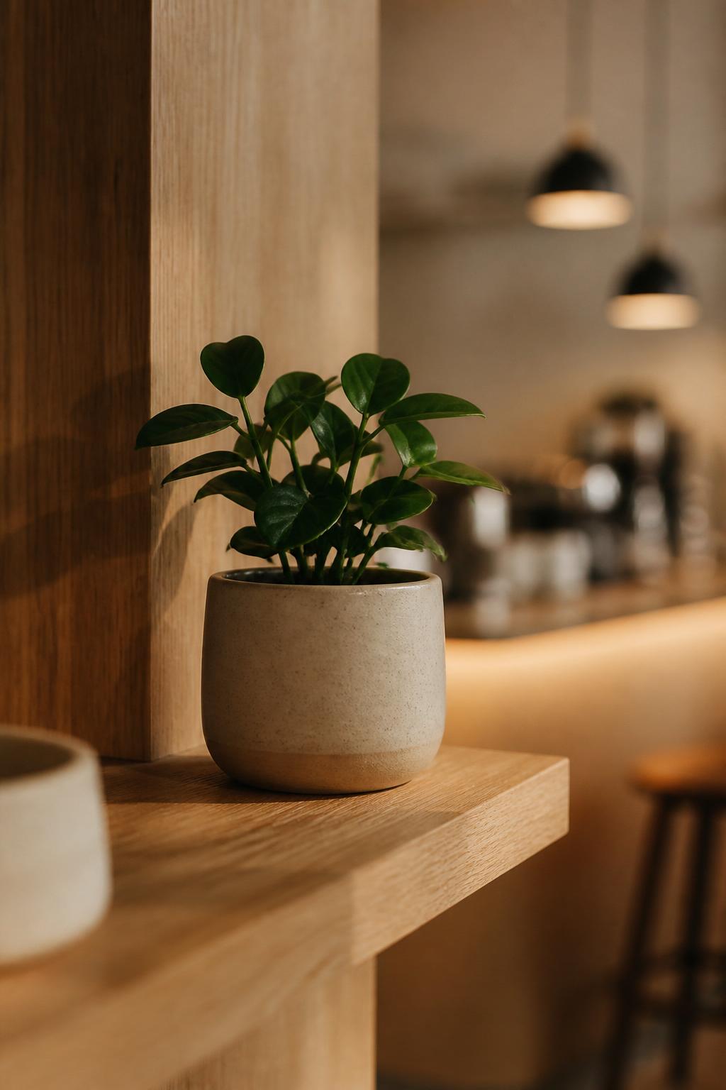 Small green plant on a minimal shelf inside karol café, Fuheis