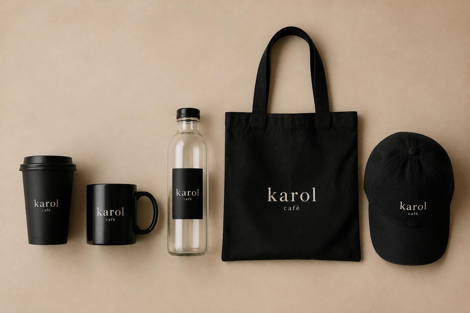karol café branded takeaway cups, mugs, totes and accessories collection