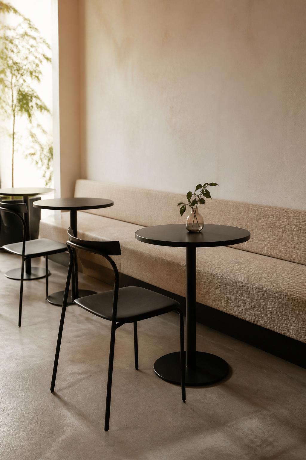Quiet seating area with natural light and minimalist furniture at karol café