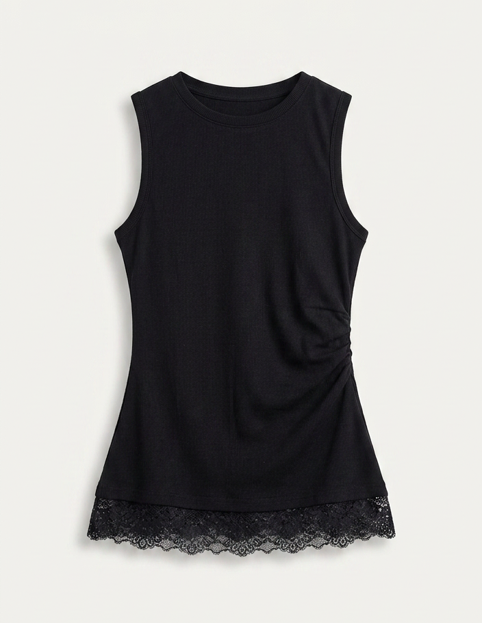 Ribbed Lace Tank — Black