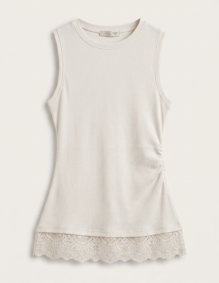 Ribbed Lace Tank — Cream